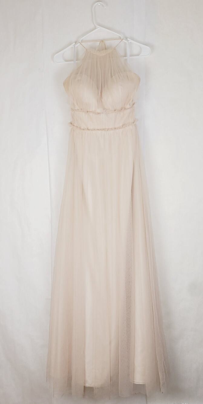 Revelry cream ruched chiffon halter ball gown Size 10 Princess Prom Retro Glam